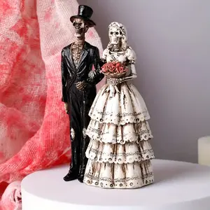 Resin Skull Couple Figurine, Creative DIY Desktop Decoration, Perfect for Halloween & Dia De Los Muertos, Home Office Decor Gift