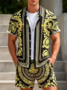 Men's Baroque Print 2-Piece Casual Matching Menswear Outdoor Set - Short Sleeve Camp Collar Shirt & Matching Drawstring Shorts, Breathable Lightweight Fabric, Loose Fit for Hiking, Beach Days & Summer Outdoor Activities, Summer Clothing Set, Outfit Sets