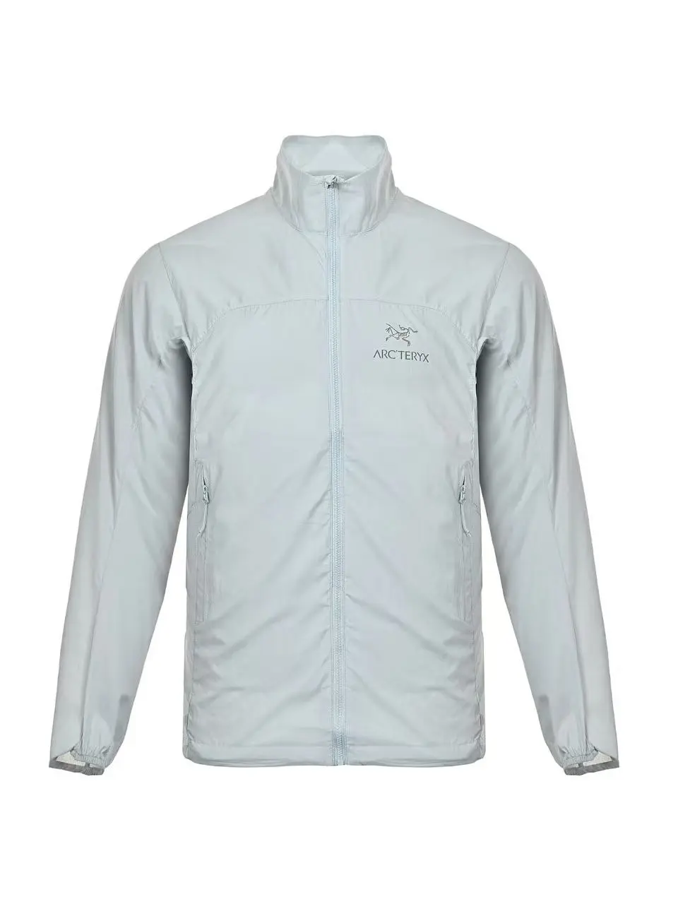 Pale Sky Blue Stand Collar Lightweight Windbreaker Full Zip Quick Dry Fabric Side Zipper Pockets Outdoor Casual Jacket