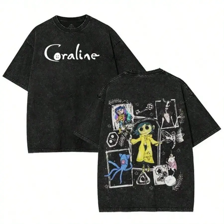 Black washed denim retro melancholic ghostly creature collage dark horror graphic t-shirt, short sleeve round neck cotton top, mysterious witch streetwear for fashion enthusiasts and everyday casual wear