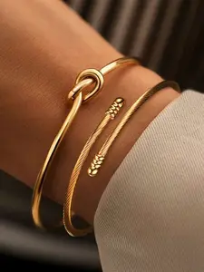 2 Piece Vintage Twist Stainless Steel Open Bracelet Set, Luxury Braided Design, Versatile for Casual & Formal Wear, Fade-Resistant