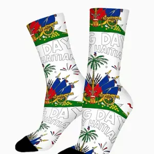 Haitian Flag Half-Calf Sports Socks Moisture-Wicking Athletic Crew Socks with Haitian Colors Blue Red White for Football Running Gym Hiking Patriotic Haitian Design for Athletic Performance National Pride
