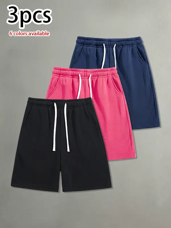 Pack of 3 men’s casual shorts featuring a drawstring waist; skin-friendly, breathable, and versatile. Loose summer shorts for everyday wear, sports, and fitness.summervibes