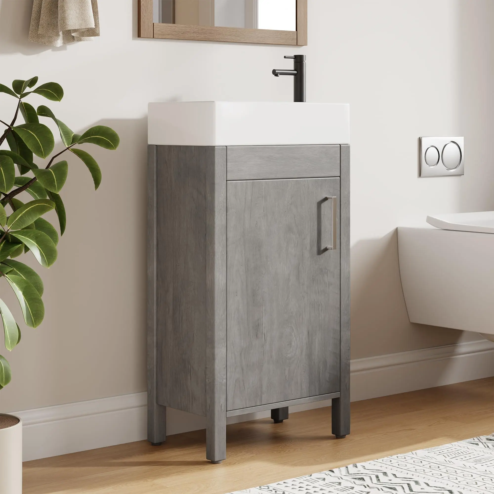 16 Inch Bathroom Vanity with Sink, Grey (No Faucet),Freestanding Bathroom Sink Cabinet, Modern Wood Storage Bathroom Vanity, Soft-Closing Doors & Large Drawer, Easy Assembly