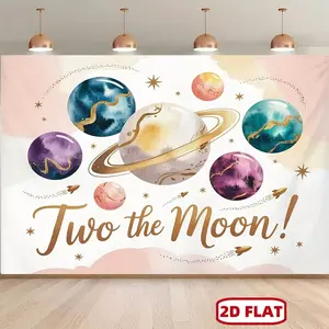 2D Flat, Two the Moon Themed Party Banner - Celestial Moon & Stars Backdrop Suitable for Birthdays, Anniversaries, Showers - Indoor/Outdoor Decoration for Wedding, Engagement Party Decorations with Romantic Theme