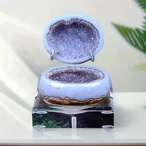 Natural Large Agate Geode Bowl with Dinosaur Skeleton - Crystals Cave Stone Ornament, Vintage Collectible Figurine, Home Table Art Decoration, Spiritual Energy Healing Gift