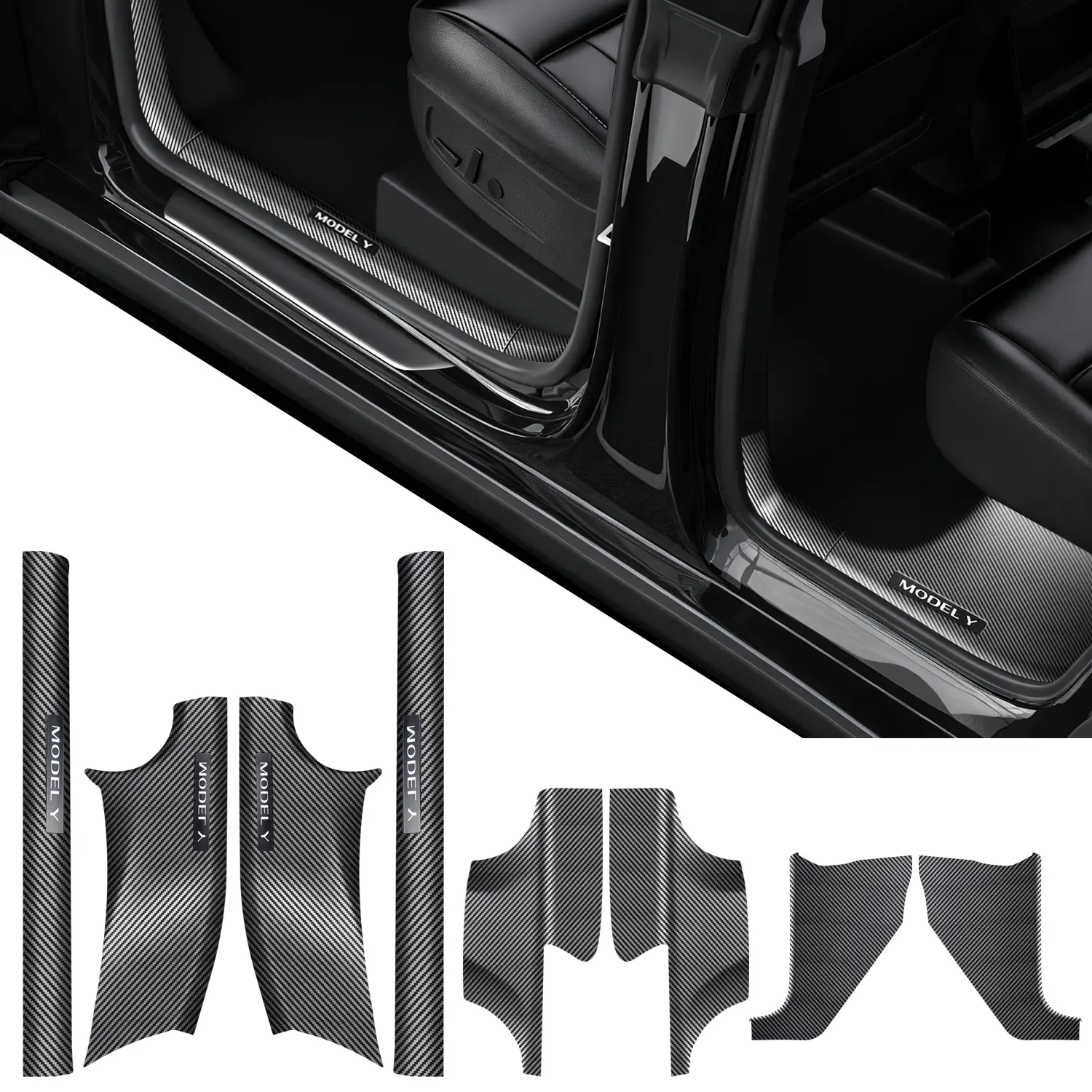 Topfit 8Pcs Door Sill Protector for Tesla Model Y Juniper 2025 2026 Front and Rear Door Pedal Kick Protection Carbon Fiber Friction Resistant Model Y Juniper Interior Accessories