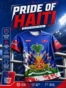 Haiti Soccer Jersey 2026, Haitian Flag Football Shirt, Splatter Graphic Tee, National Coat of Arms, L'union Fait La Force, Blue Red Sportswear, Sports Clothes, Quick-Dry Athletic Top, Caribbean Streetwear, Men Gym Uniform, Match Day Outfit