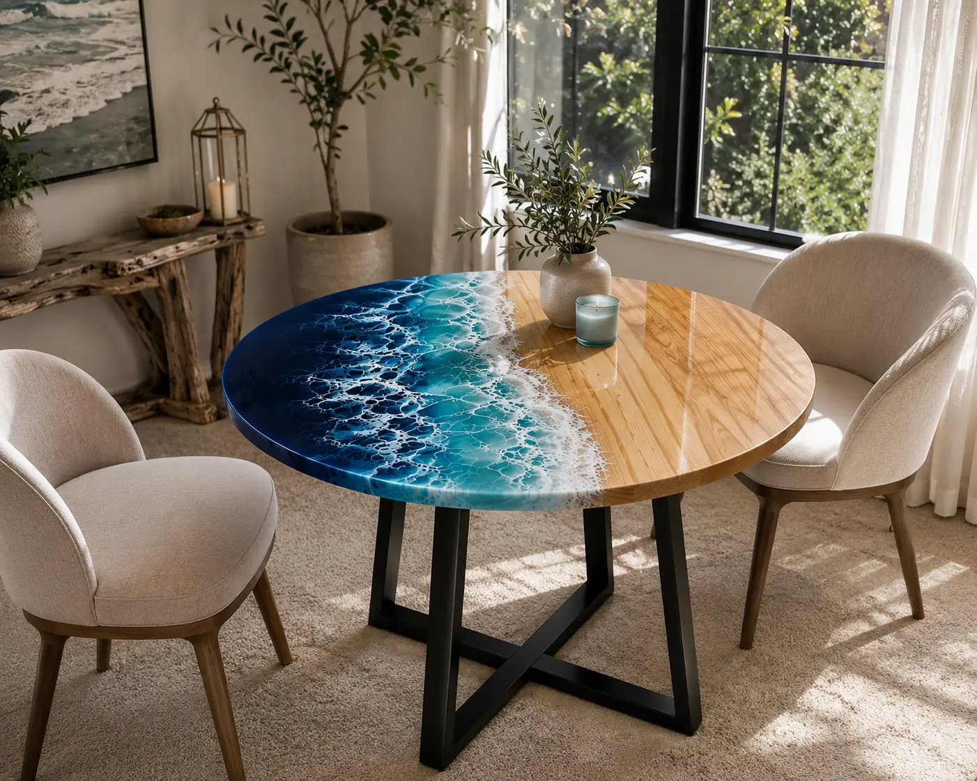 Shoreline Ocean Wave Resin Table, Handcrafted Pine Indoor Furniture, Decorative Home Decor with White Foam Accents