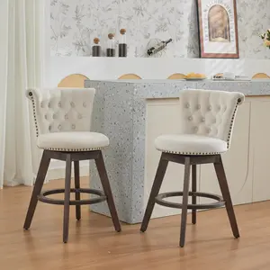 26" Counter Height Bar Stools Set of 2, 360° Swivel Stools with Back & Hand - Tufted Button - Trimmed Edges, Upholstered Velvet Kitchen Counter Stools on Wood Legs