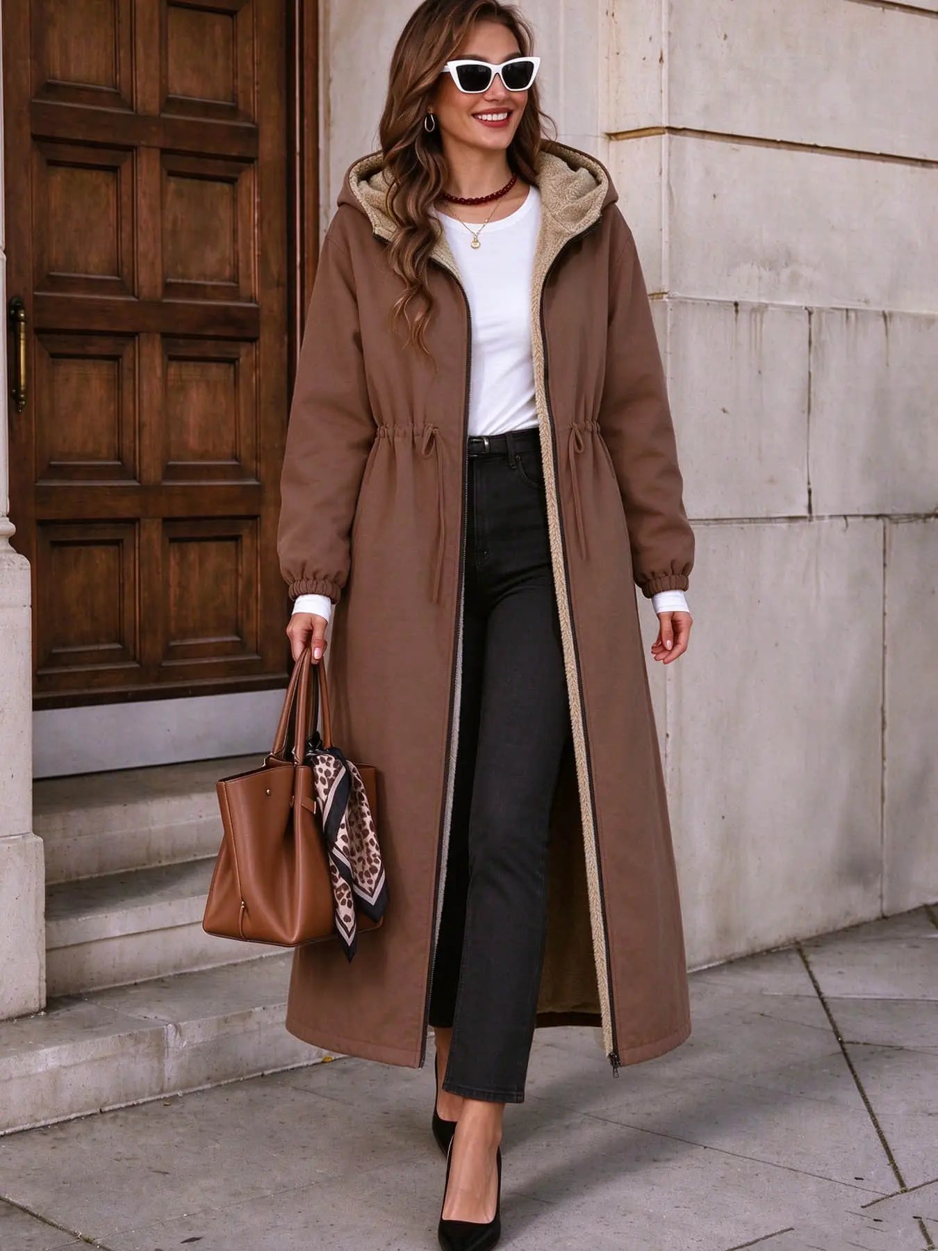 One women’s long hooded fleece trench coat, new autumn/winter fashion item, warm and cold-resistant, suitable for everyday commuting and wear both indoors and outdoors.