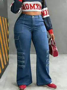 Women's Plus Size High Waisted Stretchy Long Denim Jeans, Pants, Wide Leg Straight Fit Jeans, Casual Fashion for Daily Wear, Party Work Date