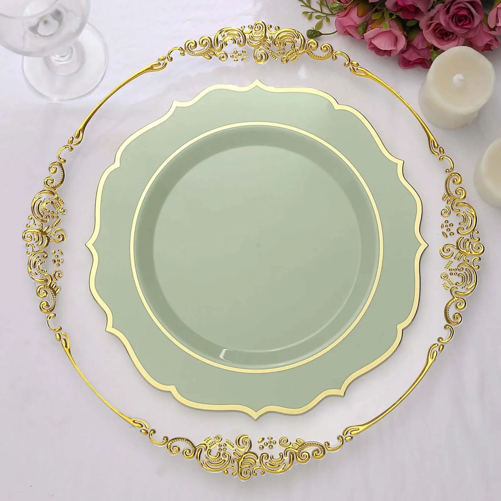 10-Pack Disposable Dinnerware, 10" Round Plastic Plates with Sage Green Body & Gold Scalloped Rim - For Wedding & Party Use