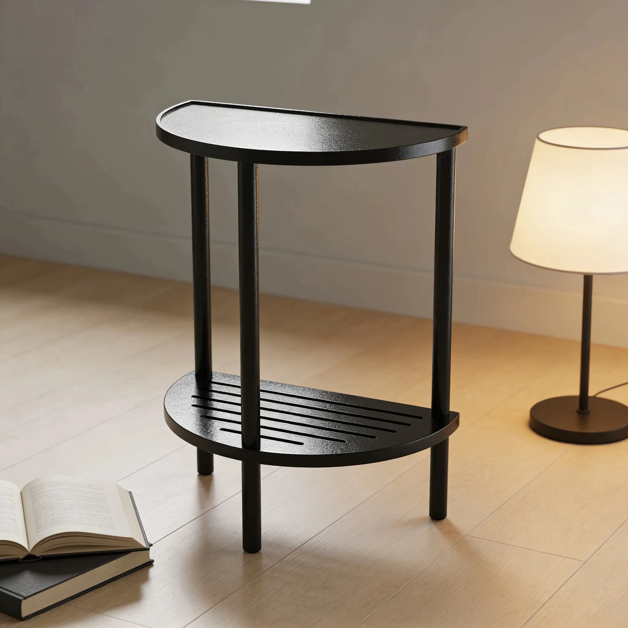 Modern Black Bamboo Half Moon End Table, 2-Tier Side Table for Small Spaces, Sofa Side Table, Bedside Table, Corner Accent Table