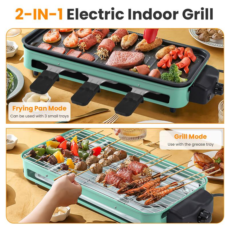 1500W Electric Indoor Grill 2-in-1 BBQ with Grill Net Removable Plate 5 Temp Control 3 Trays Dishwasher Safe for Indoor & Outdoor Parties