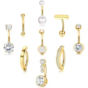 9 Pcs Gold Belly Button Ring - Surgical Stainless Steel CZ Opal Pearl Clicker Piercings for Women Navel Pack