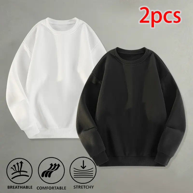 Loose crewneck sweatshirt two-pack, pure white long-sleeve pullover, versatile basic layer for streetwear, travel, and everyday casual wear
