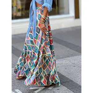 2025 Bohemian Print Skirt for Women - Summer Style Maxi Swing Skirt with Drawstring & Flowers - Casual Pencil Skirt in Black - Polyester Fabric