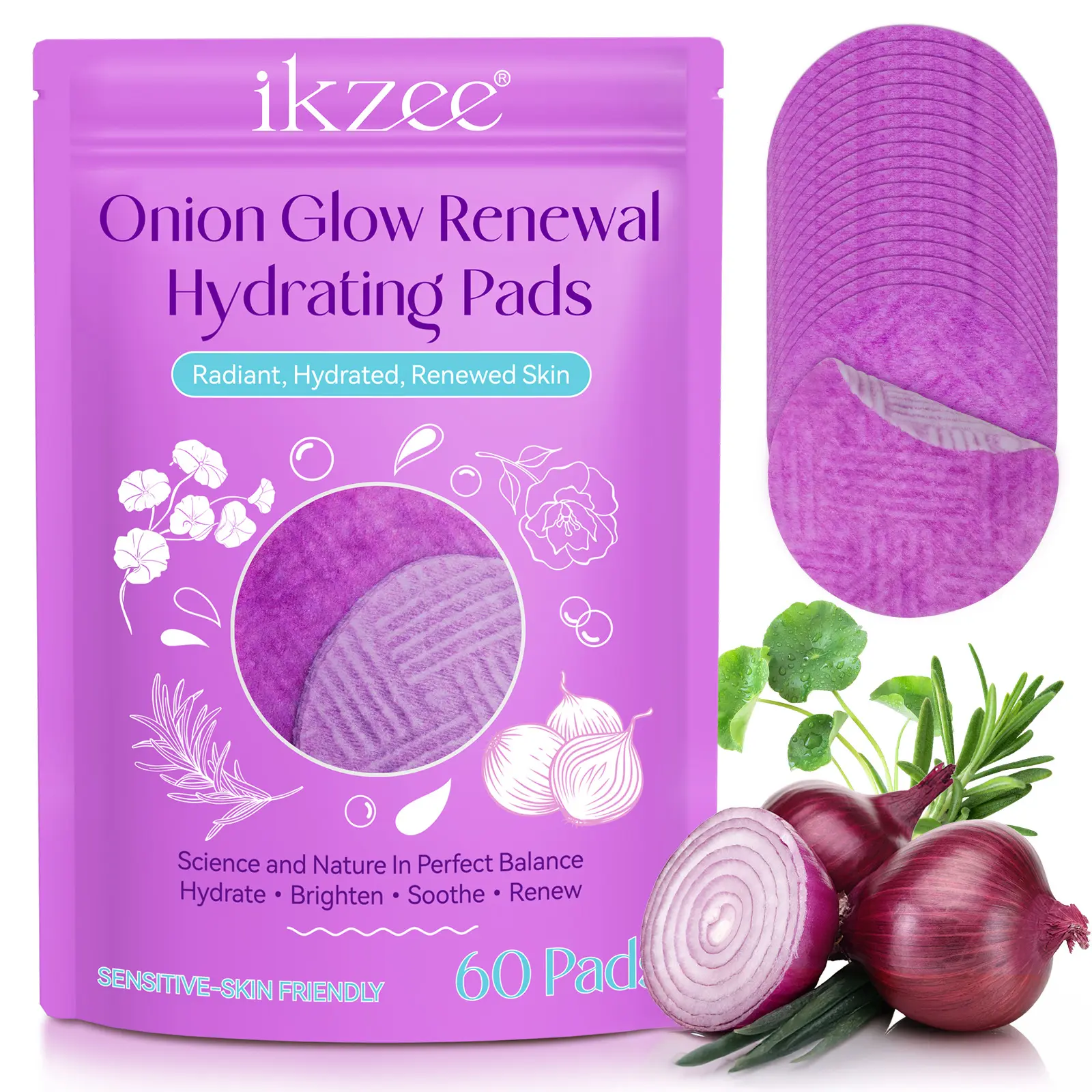 Ikzee Onion Pore Cleansing Cotton Rounds 60p/bag, Gentle Exfoliating Facial Wipes, Contains Onion Extract for Soothing & Smooth Skin