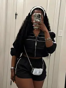 Women's Summer Fitted Crop Top Long Sleeve Zipper Colorblock Shirt, Matching Shorts Set, Sporty Two-Piece, Casual Fashion, Womenswear