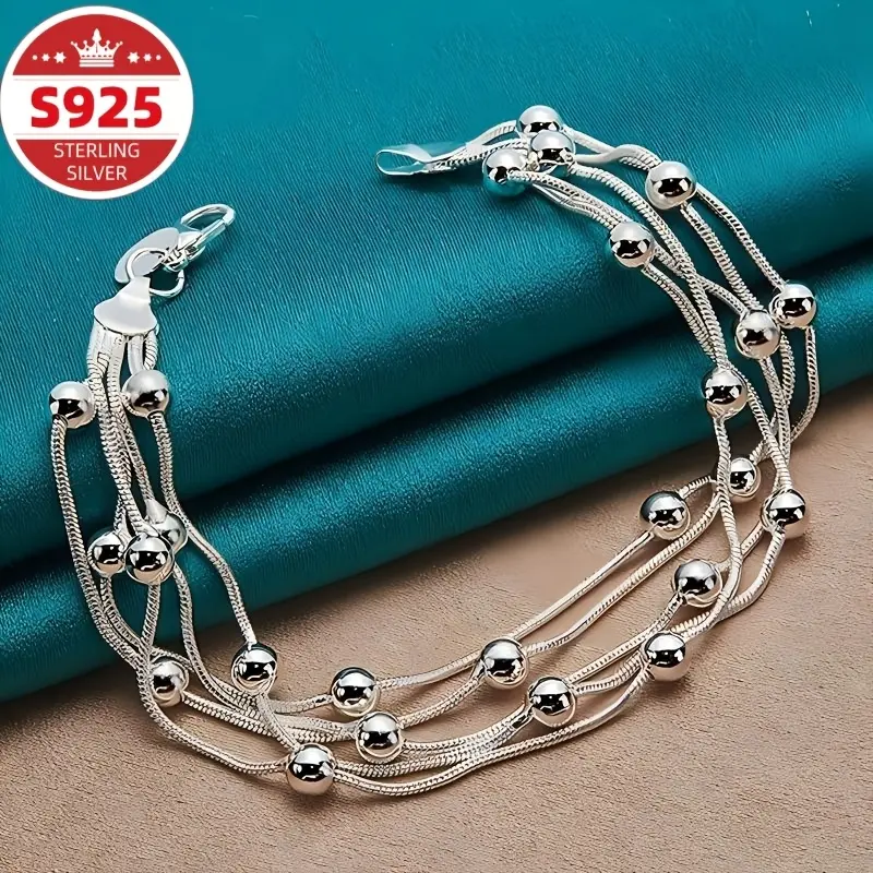S925 Pure Silver Multi-Layer Bracelet with Grape Charms and Round Beads - Fashionable Elegant Design - Suitable for Daily Wear and Parties - Ideal Gift for Women for Mother’s Day, Christmas, Valentine’s Day