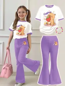 Girls' Cartoon Capybara Print Short Sleeve T-Shirt and Bell Bottoms Set, Casual Fitted Suit, All over Print, Fashionable and Versatile
