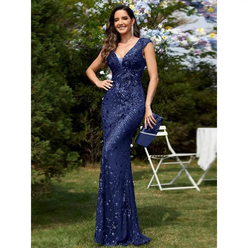 Beautiful women's clothing Sleeveless V-Neck Sequined Long Dress for Women, Fashionable Solid Color Fishtail Party Dress Beautiful women's clothing Sleeveless V-Neck Sequined Long Dress for Women, Fashionable Solid Color Fishtail Party Dress