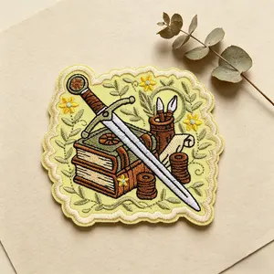 Fantasy Fairytale Sword and Book Embroidery Patch, Embroidered Patches, Heat Transfer Back Glue, Suitable for Clothes, Jackets, Hats, Accessories, Embroidery Craft
