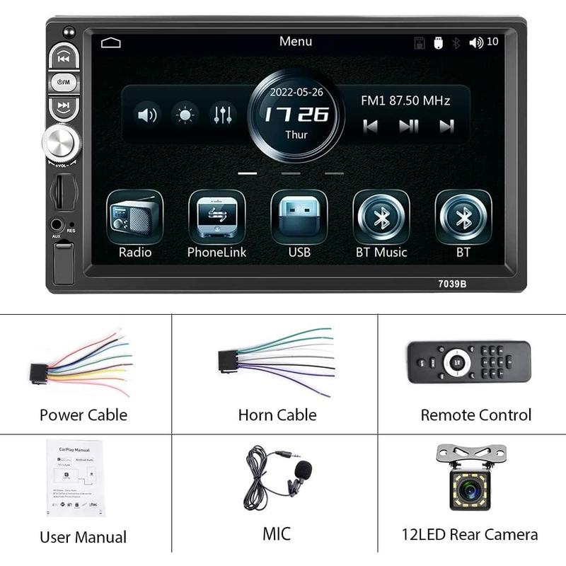 Single Din 7 Inch Car Stereo with Carplay Android Auto Bluetooth 5.1 Touchscreen Car Audio Receiver with Mirror Link FM Radio SWC USB AUX TF Card and 12LED HD Backup Camera
