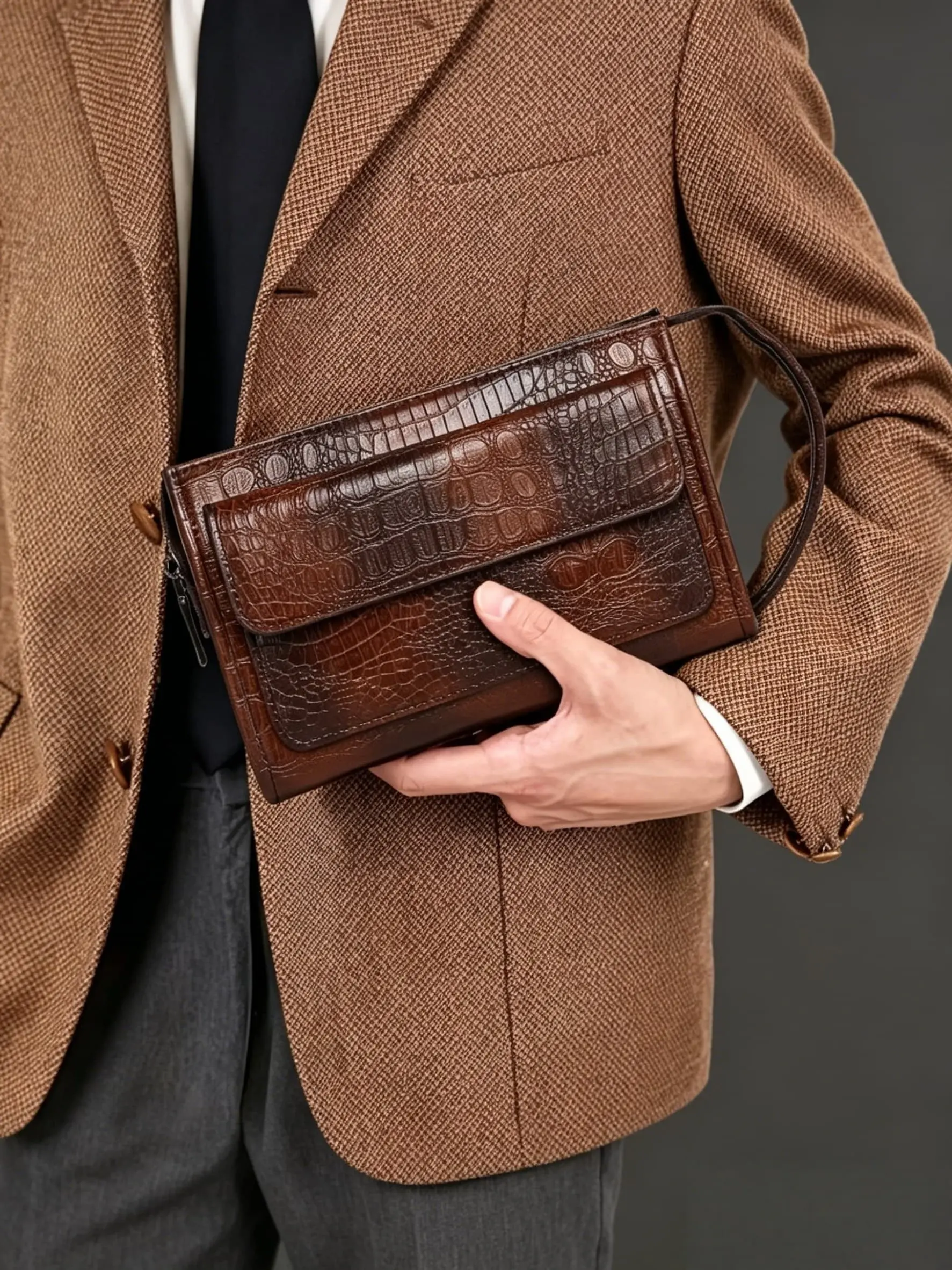 Men's Large Capacity Clutch with Hidden Pocket, Men Long Wallet for Business Evening, Wallet Clutch Bag, Croc Embossed PU Leather