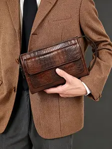 Men's Large Capacity Clutch with Hidden Pocket, Men Long Wallet for Business Evening, Croc Embossed PU Leather