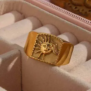 Sun Face Ring Golden Geometric Stainless Steel Index Finger Ring Women's Jewelry