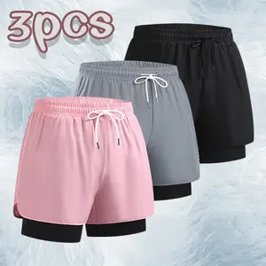 Women’s Anti-Exposure Layered Quick-Dry Sports Shorts Set — 3 Pieces (Pink/Gray/Black)
