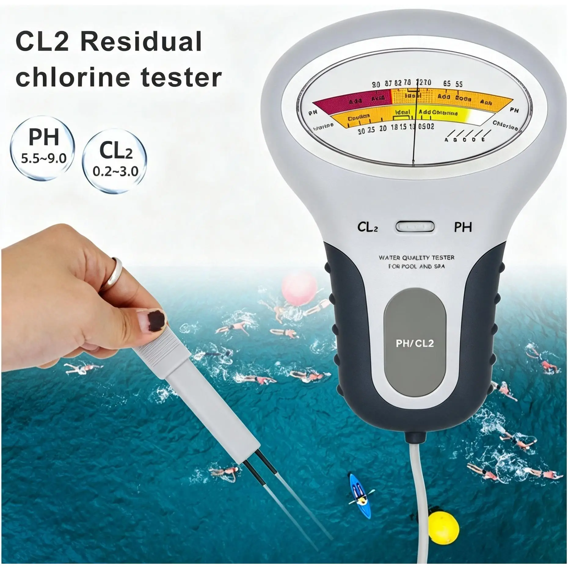 Plastic Shell Water Tester with Digital Display for Pool Owners - Compact Single Unit with Built-in Probe for Fast Chlorine pH Check