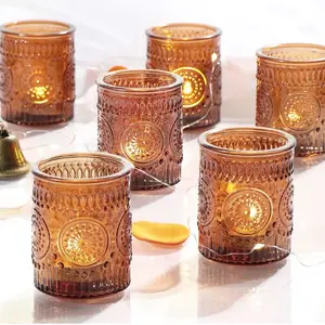 24pcs Vintage Amber Votive Candle Holders, Amber Glass Tea Lights Candle Holder for Baby Shower, Boho Wedding Decorations, Vintage Boho Party Home Fall Centerpieces Table Decoration