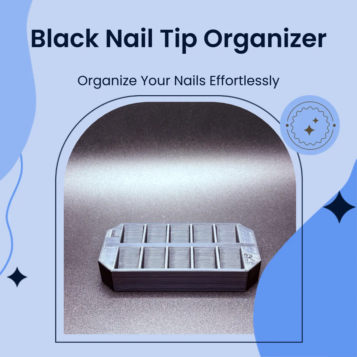 V & L Prints Black Nail Tip Organizer, Beauty Organizer with Divided Compartments for Manicure-Pedicure Nail Care Tools