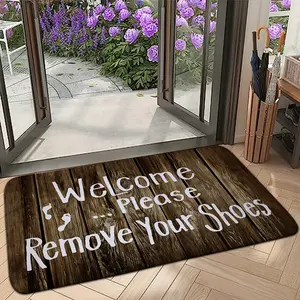 Rural Style Wood Grain "Welcome Please Remove Your Shoes" Door Mat Washable Floor Mat Decorative Rug Soft Comfortable and Practical Floor Rug for Indoor Living Room Bedroom Home Decoration
