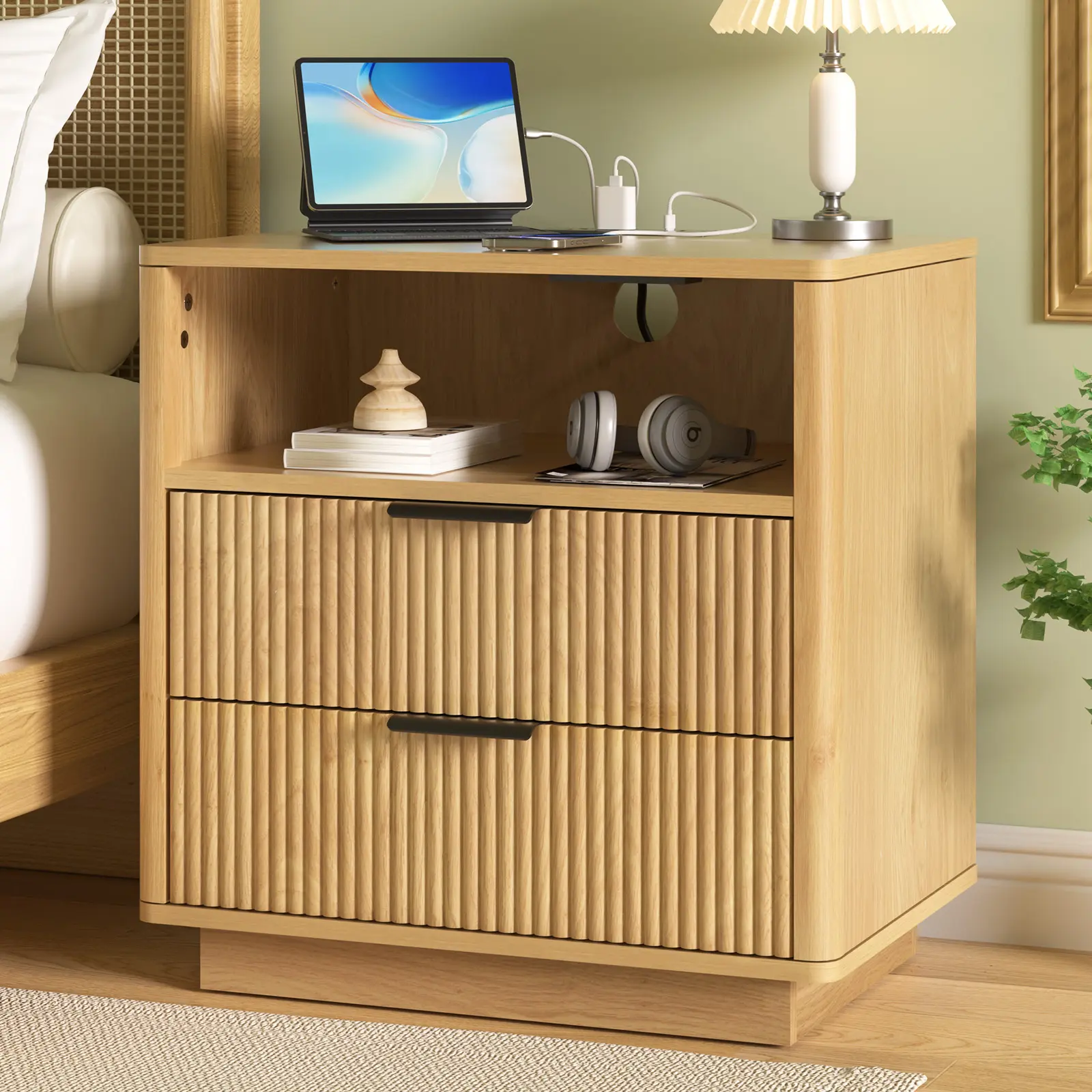 HOMMPA 24'' Fluted Nightstand with Charging Station, Modern Bedside Table with Open Shelf, 2 Drawer Bed Side End Table, Mid Century Modern Wood Night Stand for Bedroom