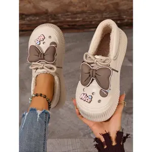 LIDARDAR Women's Platform Slipper with Bow and Flower Charms,Indoor Outdoor House Shoes for Winter Comfy