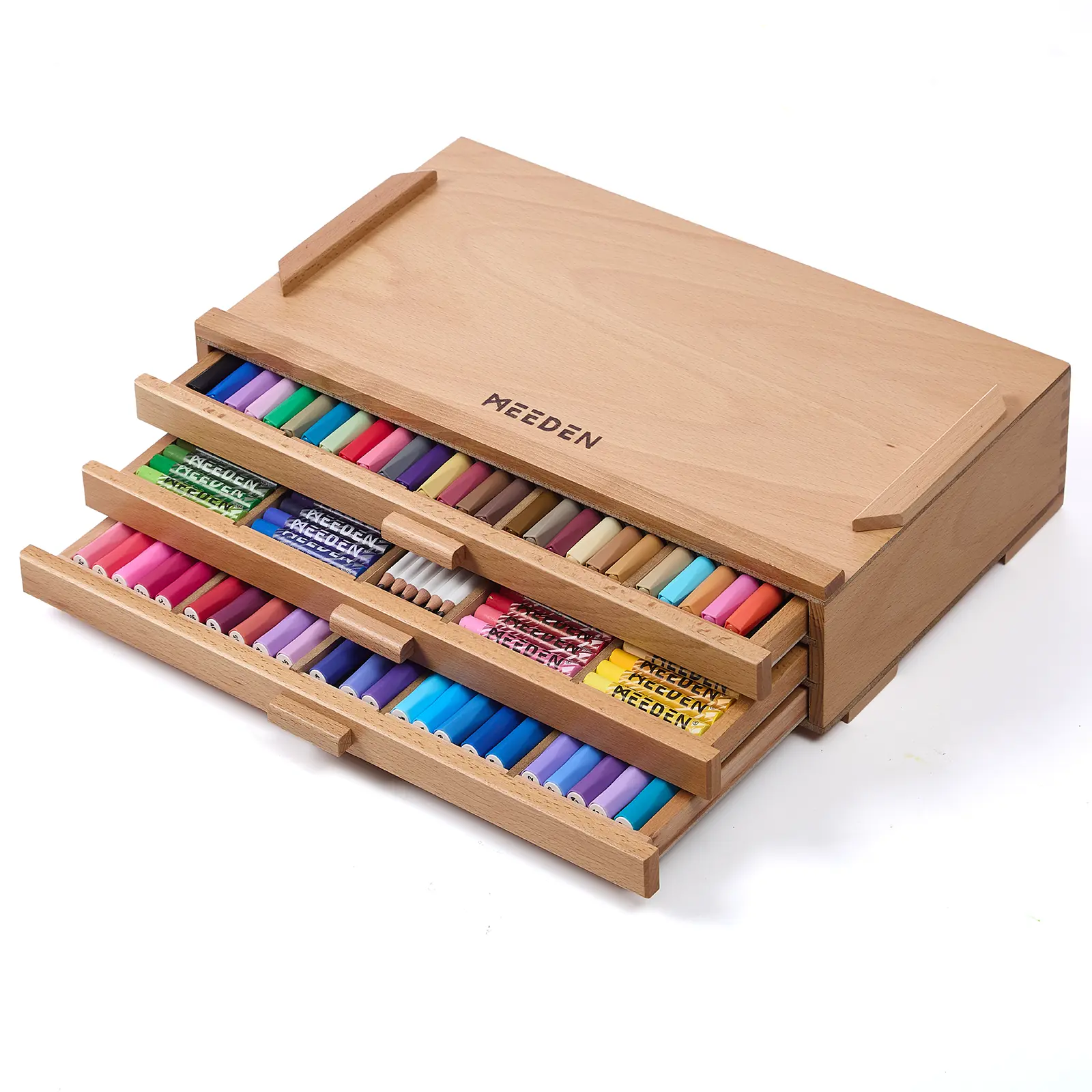 MEEDEN Artist Storage Supply Box: 3-Tier Solid Beech Wood for Artist Supplies with Removable Dividers-Tool Storage Organizer Case for Brushes, Pastels, Pencils, Erasers