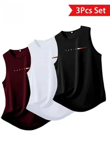 Men's Breathable Polyester Sports Vest Set, Paris Print Sleeveless Top, Gym Running Outdoor Casual Summer Wear, Comfortable Training Tank