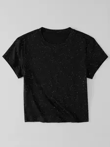 Summer Silver Sprinkle Short Sleeve T-Shirt for Women, Casual Daily Wear, Music Festival Essential, Breathable Crop Top