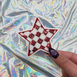 Red Checkered Sequin Star Patch Iron-On for Hats