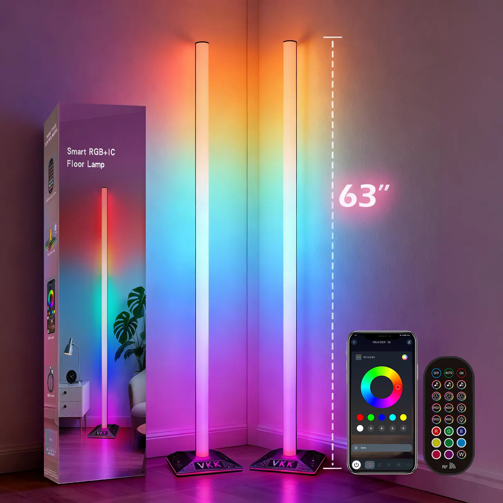 VKK RGB Smart Floor Corner Lamp - 63in Dimmable Color Changing Mood Decorative Light, Adjustable Length, 16M Colors, Multi-Control (App,Touch,Remote), 360° Coverage, Music Sync, Eye-Care, 68 Presets, Reading Scenes, Bedroom Nightlight, Movie/Party Lights