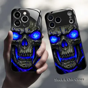 Phone Case - Black And Blue Skull Eye Light Sci-Fi High-Definition Original Mobile Tempered Glass Case, Textured Black, Suitable for iphone17 17Air 16 Pro 15 Promax 14 Plus 13 12 11, High-End Fashion, Fully Protective Against Drops