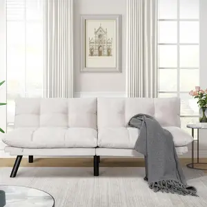 67” Velvet Futon Sofa Bed Convertible Small Upholstered Couch 2-Seat Loveseat Sleeper with Adjustable Backrest and Armrest for Small Space Apartment,Gaming Room,Office (Cream)