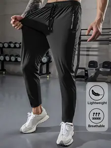 Men’s casual pants, summer knee-length (9/10 length), high-stretch fabric, drawstring waist, zippered pockets, suitable for everyday wear, outdoor jogging, and the gym