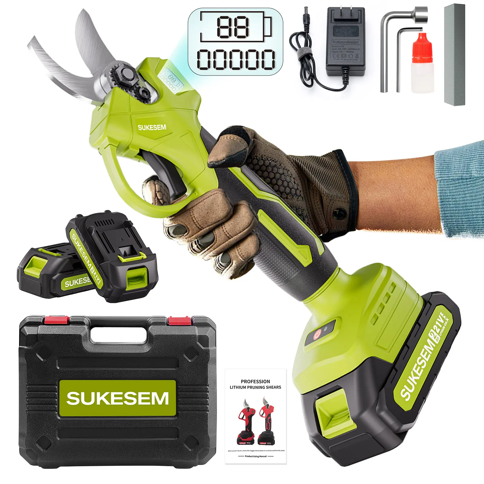 SUKESEM Professional Electric Pruning Shears - Rechargeable Lithium Battery, Charger Included, LCD Display - Garden Tool for Tree Pruning, Orchard Maintenance