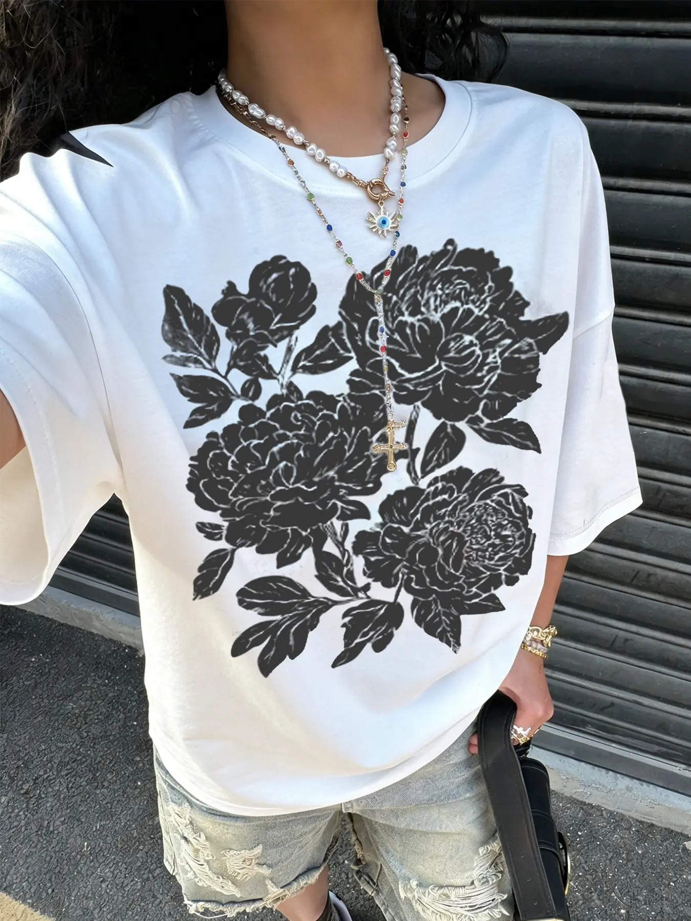 Women's Loose Floral Print T-Shirt, Vintage Peony Pattern, Casual Street Style, Short Sleeve, Daily Wear, Fashionable Top, Everyday, Streetwear, Fit