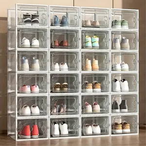 12-Piece thickened transparent round hole shoe box with flip cover, foldable shoe rack, stackable shoe rack, free combination, plastic sneaker container, space-saving storage space